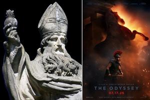 Left: A statue of St. Augustine of Hippo on Prague’s Charles Bridge in the Czech Republic. Right: A poster for Christopher Nolan’s ‘The Odyssey’