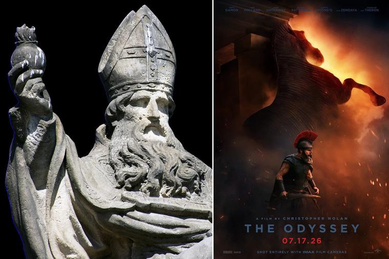 Left: A statue of St. Augustine of Hippo on Prague’s Charles Bridge in the Czech Republic. Right: A poster for Christopher Nolan’s ‘The Odyssey’