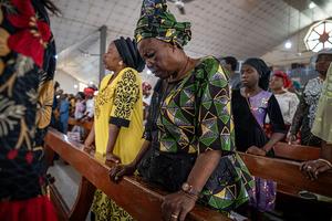 Catholics attend St. Michael’s Cathedral in Minna, Nigeria, on Nov. 30, 2025, as the congregation prays for the safe return of abducted students of St. Mary’s Catholic School earlier that month.