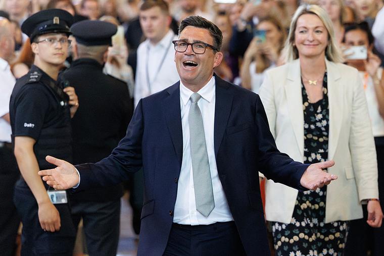 Andy Burnham, Labour member of the U.K. Parliament for Makerfield, celebrates after his swearing in at the Houses of Parliament on June 22, 2026, in London.  