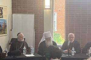 Cardinal Seán Patrick O’Malley, left; Metropolitan Tikhon Mollard primate of the Orthodox Church in America, center; and Greek Orthodox Bishop Anthony Vrame, right, participate in a panel at the Orientale Lumen Foundation conference in Washington, D.C., on July 14, 2026. 