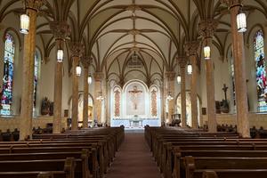 The interior of Holy Family Catholic Church in Auburn, New York.