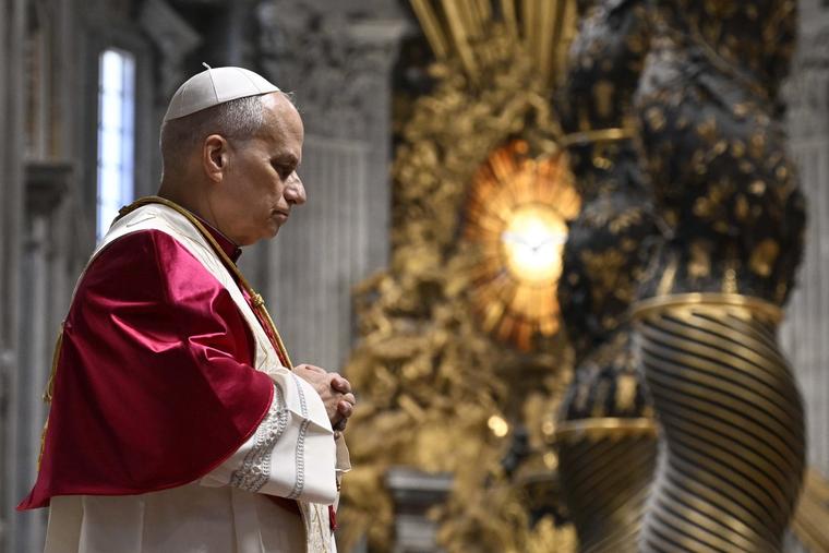 Pope Leo XIV presides over a prayer vigil in St. Peter’s Basilica on Saturday, April 11, 2026.