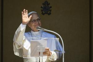 Pope Leo XIV greets pilgrims gathered for recitation of the Angelus at Castel Gandolfo on July 12, 2026.