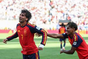 Spain forward Ferrán Torres, No. 7, celebrates scoring his team's first and only goal with forward No. 19 Lamine Yamal during the 2026 World Cup football tournament final between Spain and Argentina at New York-New Jersey Stadium in East Rutherford, New Jersey, on July 19, 2026.  