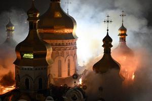 Dormition Cathedral at the Kyiv Pechersk Lavra is engulfed in smoke after a Russian missile strike on Kyiv on June 15, 2026.
