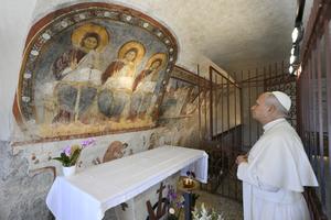 Pope Leo XIV prays before a famous fresco of the Holy Trinity at the Sanctuary of the Most Holy Trinity in Vallepietra in Italy on July 22, 2026.