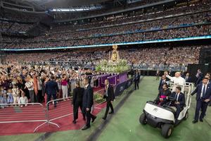 Pope Leo XIV enters the Santiago Bernabéu stadium, packed with 80,000 attendees, on June 8, 2026.
