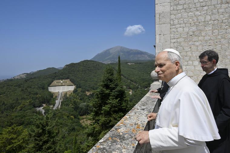 Pope Leo surveys the sweeping view July 20, 2026, while visiting the Abbey of Monte Cassino, established by St. Benedict of Nursia.