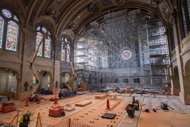 Scaffolding and construction equipment adorns the Basilica of Saint Mary in Minneapolis. 