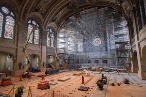 Scaffolding and construction equipment adorns the Basilica of Saint Mary in Minneapolis. 