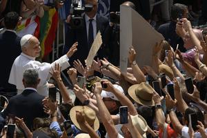 Pope Leo XIV greets pilgrims gathered at Castel Gandolfo for the recitation of the Angelus on July 26, 2026.