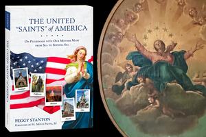 Book cover of ‘The United Saints of America’ with a detail from the ceiling of St. Mary of the Annunciation in Charlestown, South Carolina.