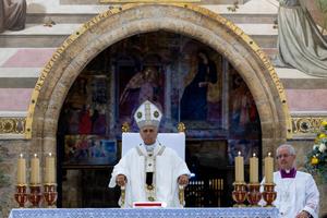 Pope Leo XIV celebrates Mass at the Basilica of St. Mary of the Angels in Assisi, Italy, on Aug. 6, 2026.
